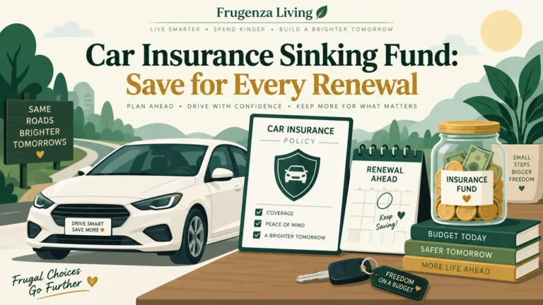 Car insurance sinking fund guide with a vehicle, insurance policy, renewal calendar, and savings jar