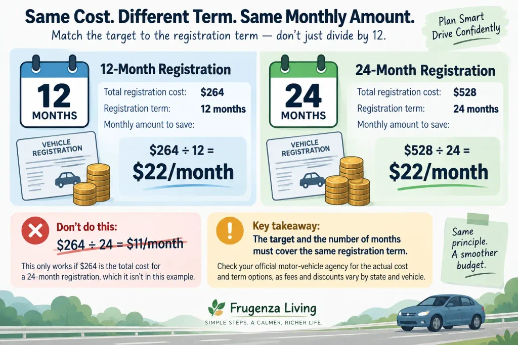 Car registration sinking fund example comparing 12-month and 24-month registration costs with term-matched monthly savings