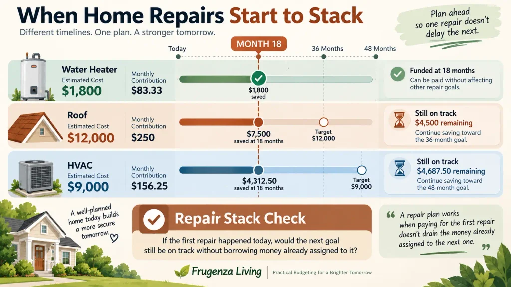 Home repair sinking fund timeline showing water heater funded first while roof and HVAC savings stay on track