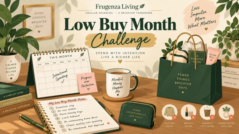 Low buy month challenge with realistic 30-day spending rules for clothes, beauty, takeout, and home decor