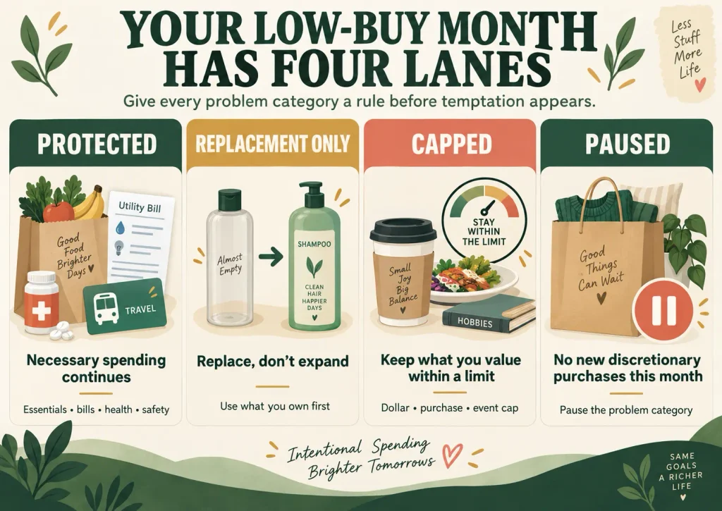 Four spending lanes for a low buy month challenge: Protected, Replacement Only, Capped, and Paused
