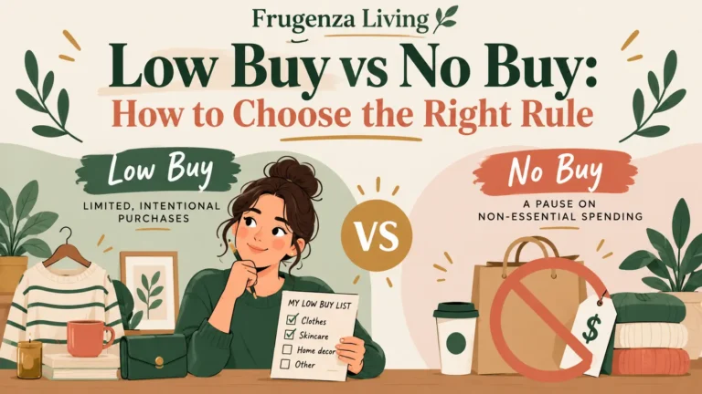 Low buy vs no buy comparison showing two spending rules to help choose the right level of restriction