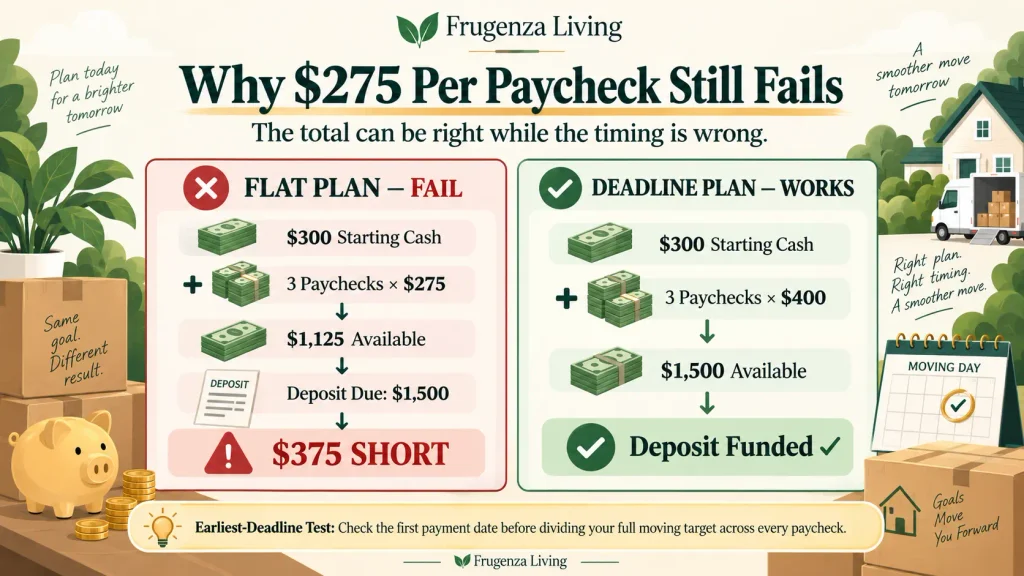 Moving sinking fund example showing a $275 per paycheck plan falling $375 short of a $1,500 security deposit