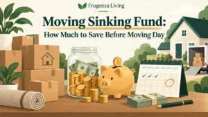 Moving sinking fund guide showing savings, moving boxes, a calendar, and money set aside before moving day