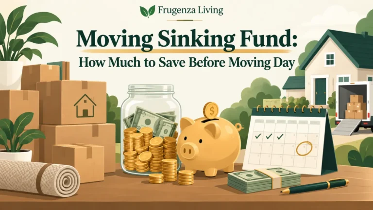 Moving sinking fund guide showing savings, moving boxes, a calendar, and money set aside before moving day