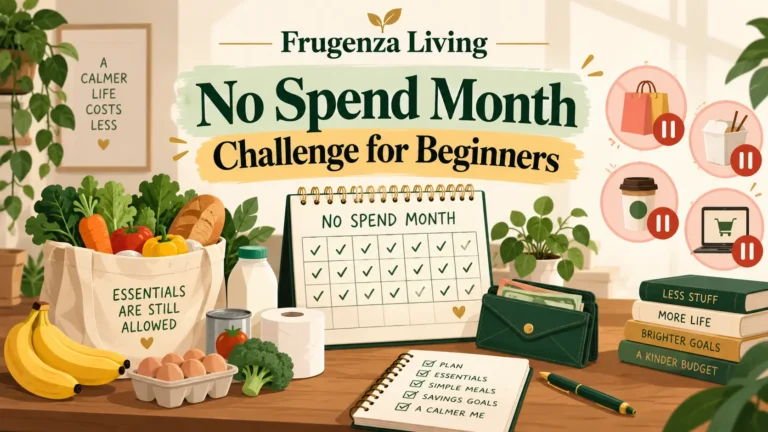 No spend month challenge for beginners with a 30-day plan, essential spending rules, and paused discretionary purchases