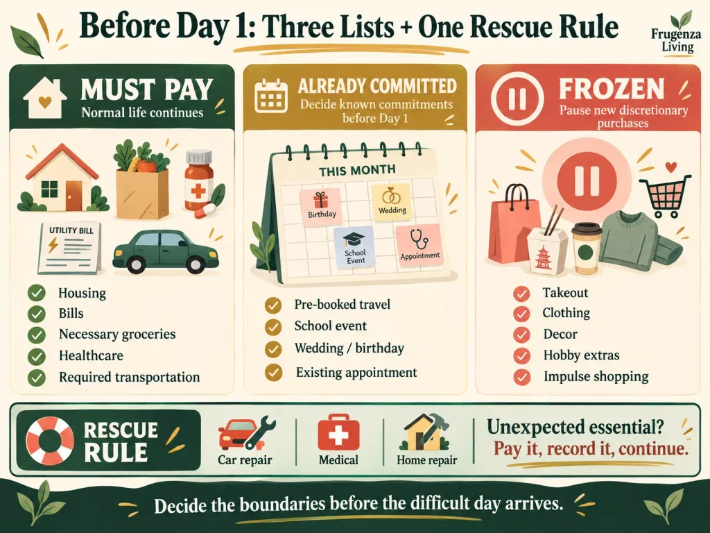 No spend month setup with Must Pay, Already Committed, Frozen spending, and a Rescue Rule for unexpected essential expenses