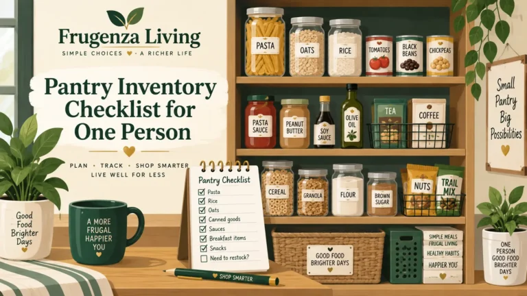 Pantry inventory checklist for one person with pantry staples, labeled containers, and a grocery tracking checklist
