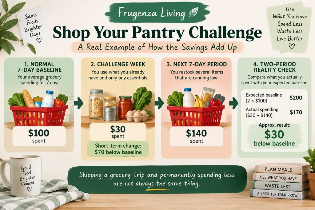 Shop your pantry challenge example showing a $100 grocery baseline, $30 challenge spending, $140 post-challenge spending, and $30 below-baseline two-period result