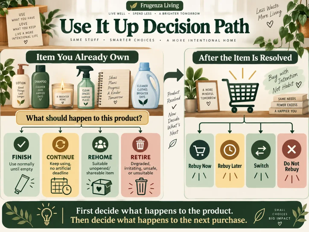 Use it up challenge decision path showing Finish, Continue, Rehome, or Retire for current products followed by Rebuy Now, Rebuy Later, Switch, or Do Not Rebuy decisions