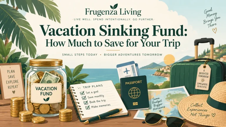 Vacation sinking fund guide with travel savings, passport, suitcase, and a planned trip budget