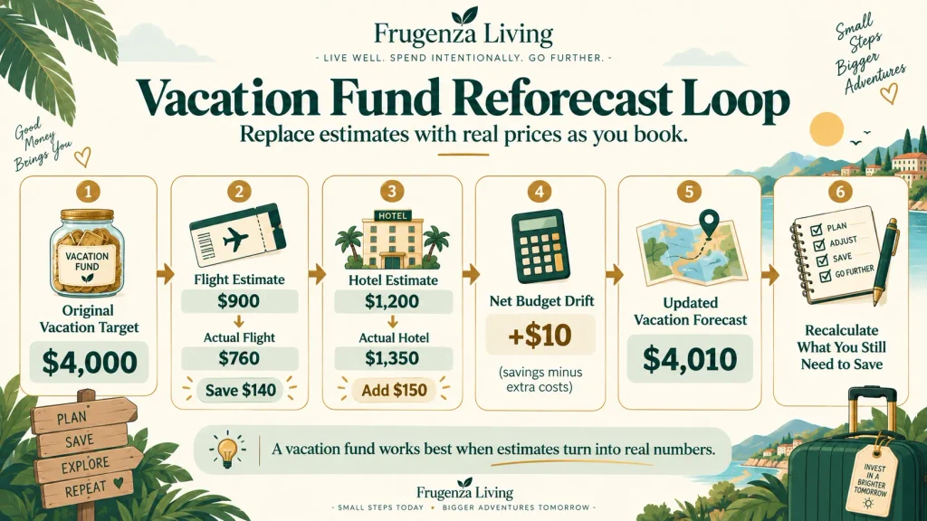Vacation sinking fund reforecast example showing a $4,000 trip budget updated to $4,010 after airfare and hotel prices change