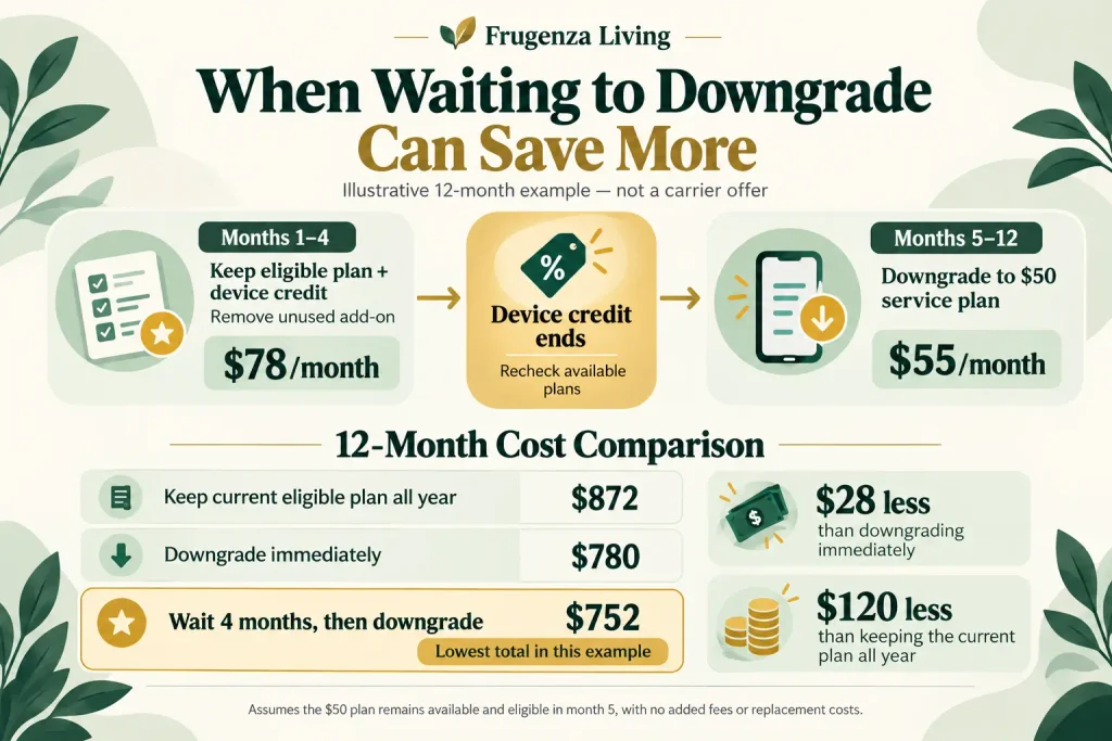 Timeline showing how waiting to downgrade a cell phone plan can save more after a device credit ends