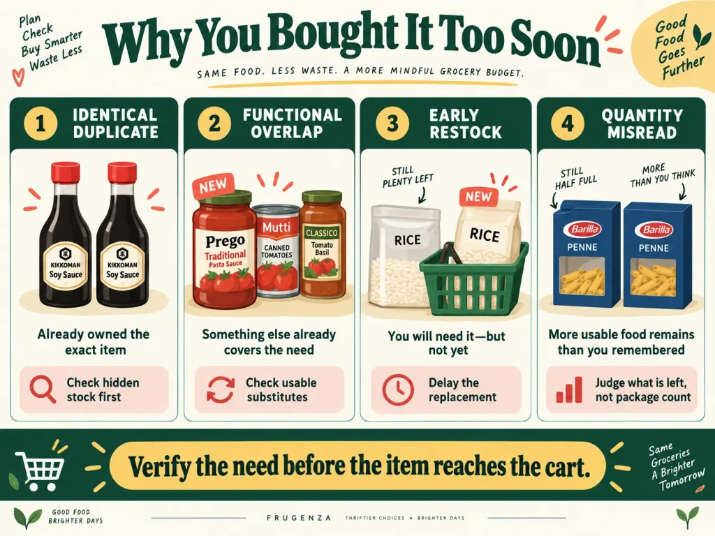 Four reasons people buy groceries too early: identical duplicates, functional overlap, early restocking, and misreading how much food remains