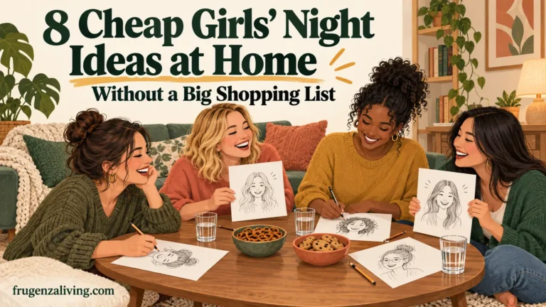 Four women drawing paper portraits around a table with pretzels, cookies, and water during a budget-friendly girls’ night at home.