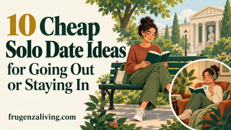 Illustration of cheap solo date ideas, including reading in a park and relaxing at home with a book and headphones.