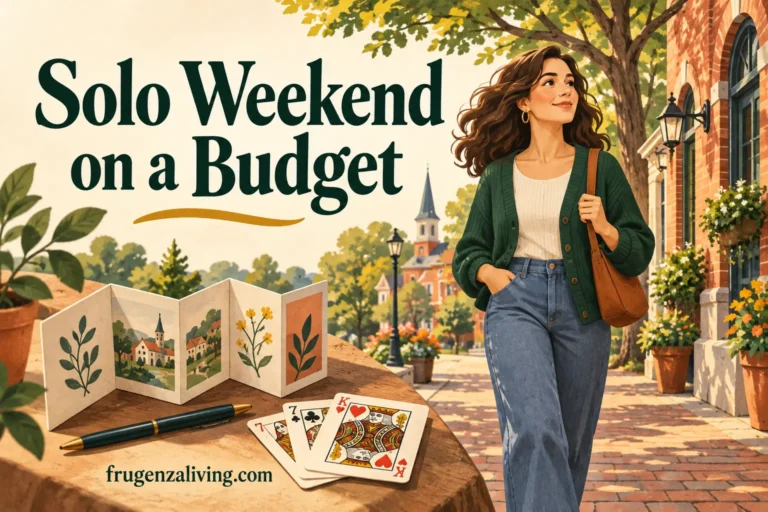 Illustration of a woman exploring a historic street alone, with a handmade booklet and playing cards representing affordable weekend activities.