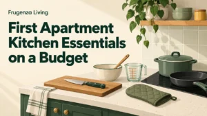 Illustration of a small apartment kitchen with a pot, skillet, knife, cutting board, bowl, measuring cup, and oven mitt.