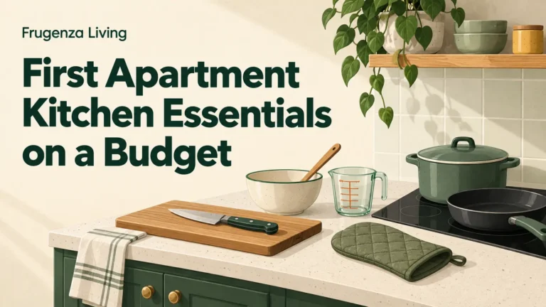 Illustration of a small apartment kitchen with a pot, skillet, knife, cutting board, bowl, measuring cup, and oven mitt.