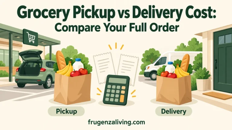 Grocery pickup and home delivery illustrated with matching grocery bags, receipts, and a calculator to compare total order costs.