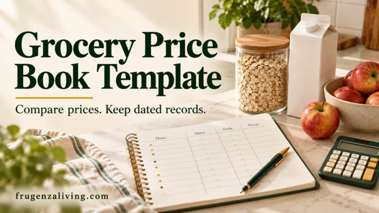 Grocery price book template with a blank tracking notebook, calculator, oats, milk, and apples.