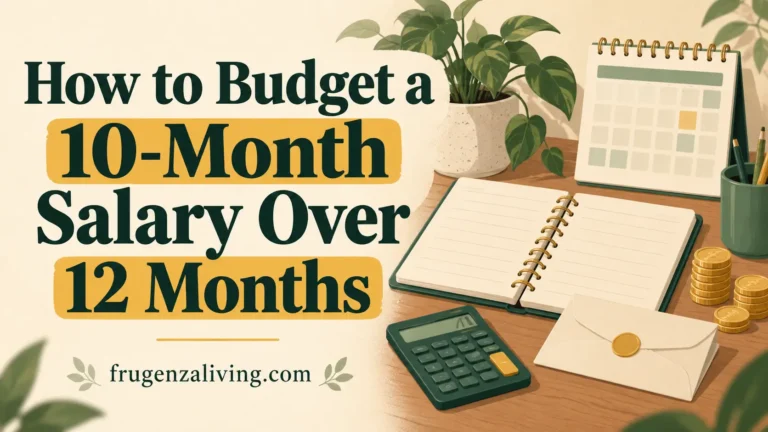 Calendar, budget planner, calculator, coins, and savings envelope for planning a 10-month salary across 12 months.