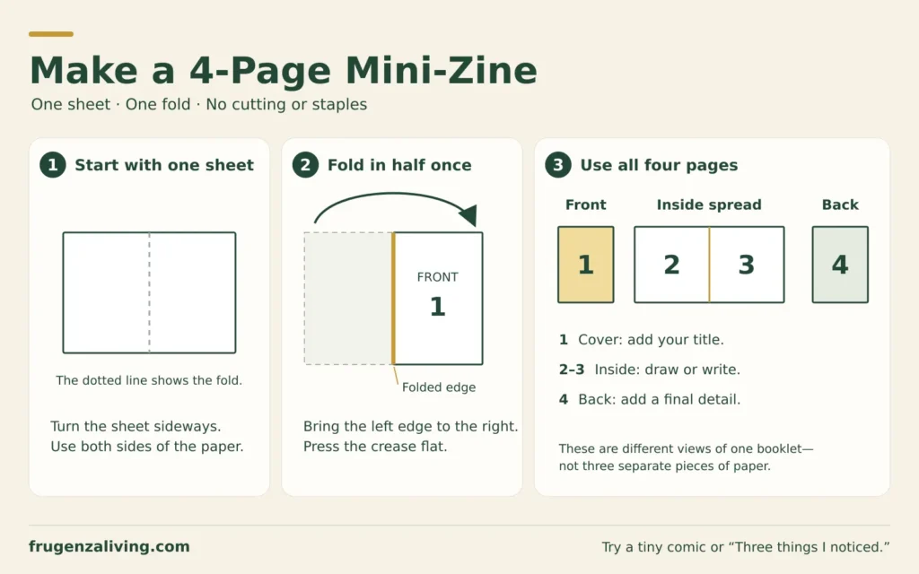 Three-step guide to folding one sheet of paper into a four-page mini-zine, showing the front cover, two inside pages, and back cover.