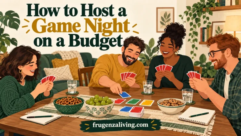 Friends playing cards around a table with simple snacks, water, and paper supplies for a budget-friendly game night at home.