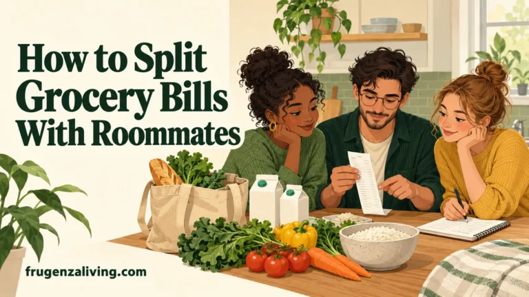 Three roommates reviewing a grocery receipt and recording shared costs at a kitchen table with groceries and a notebook.
