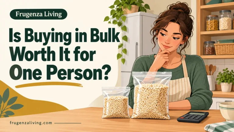 2D illustration of a woman comparing small and bulk bags of oats beside a calculator in her kitchen.