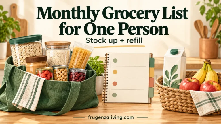 Pantry staples, milk, bananas, and apples beside a planner for a monthly grocery list for one person.