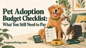 Dog and cat beside a budget checklist, calculator, pet carrier, food bowl, and leash.