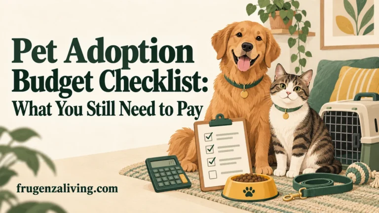 Dog and cat beside a budget checklist, calculator, pet carrier, food bowl, and leash.