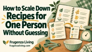 2D illustration of recipe cards, measuring spoons, and a kitchen scale showing how to scale down recipes for one person.