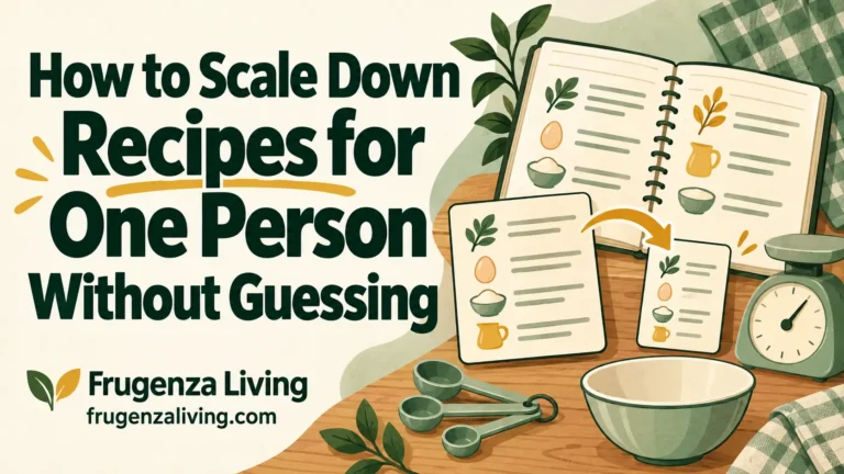 2D illustration of recipe cards, measuring spoons, and a kitchen scale showing how to scale down recipes for one person.